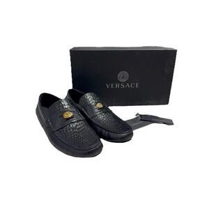 Versace Men's Black Embossed Leather Loafers Medusa Gold Logo  Sz 40/5‎